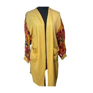 Umgee Mustard Yellow Waffle Knit Floral Mixed‎ Media Cardigan M cottagecore